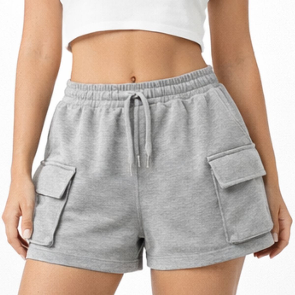 ENKI - Short cargo mujer French Terry gris melange pretina elástica tiro medio