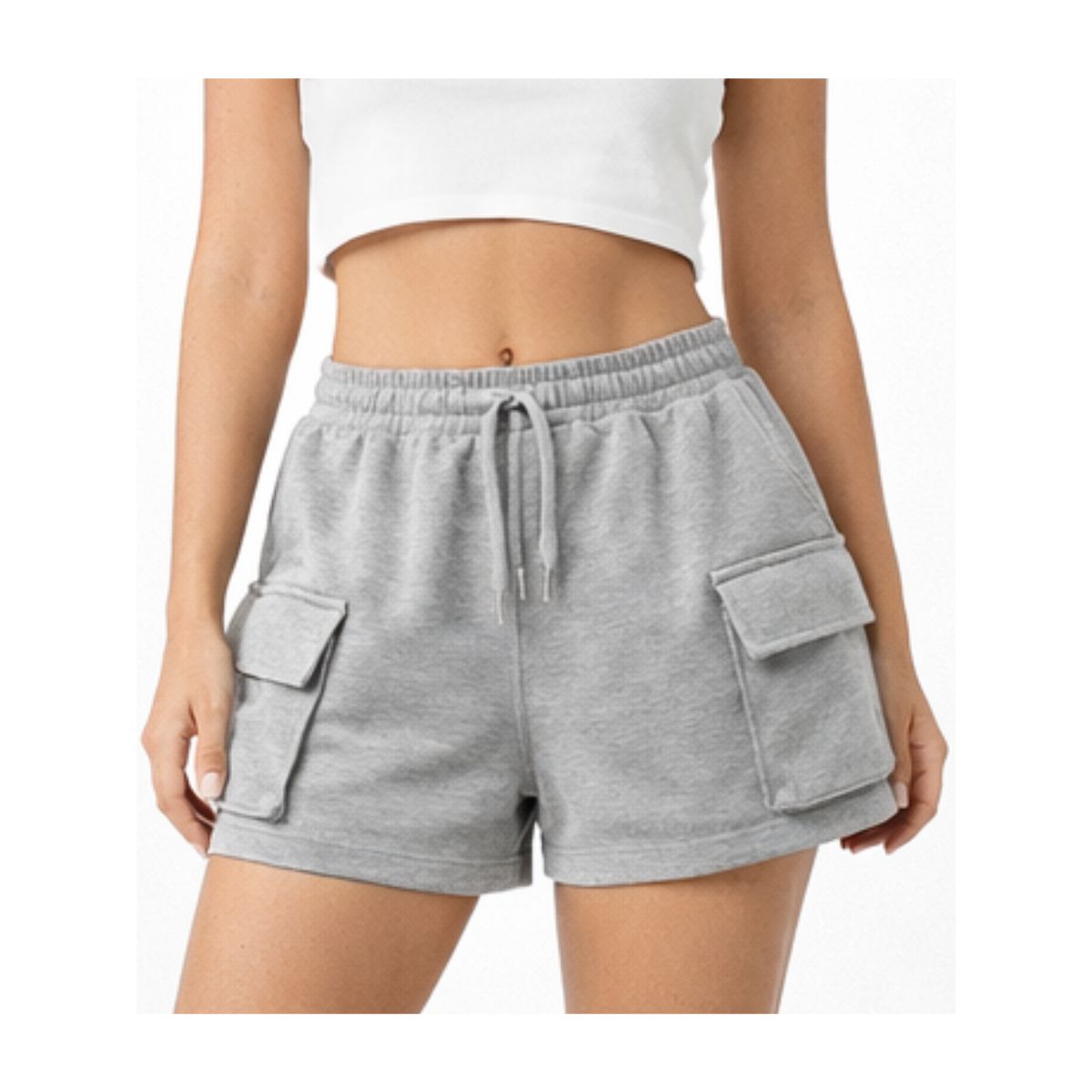 ENKI - Short cargo mujer French Terry gris melange pretina elástica tiro medio