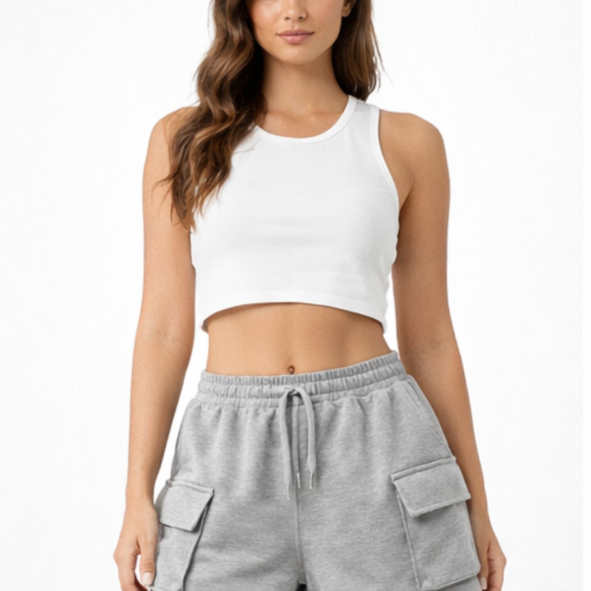 ENKI - Short cargo mujer French Terry gris melange pretina elástica tiro medio