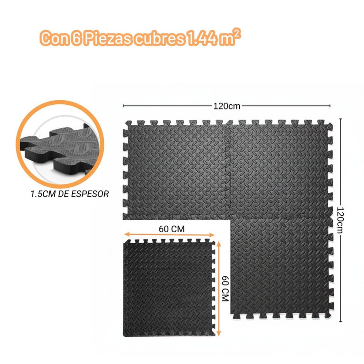 PENTHA - Piso Eva Antideslizante para Gimnasio 15mm 60x60cm Set X6