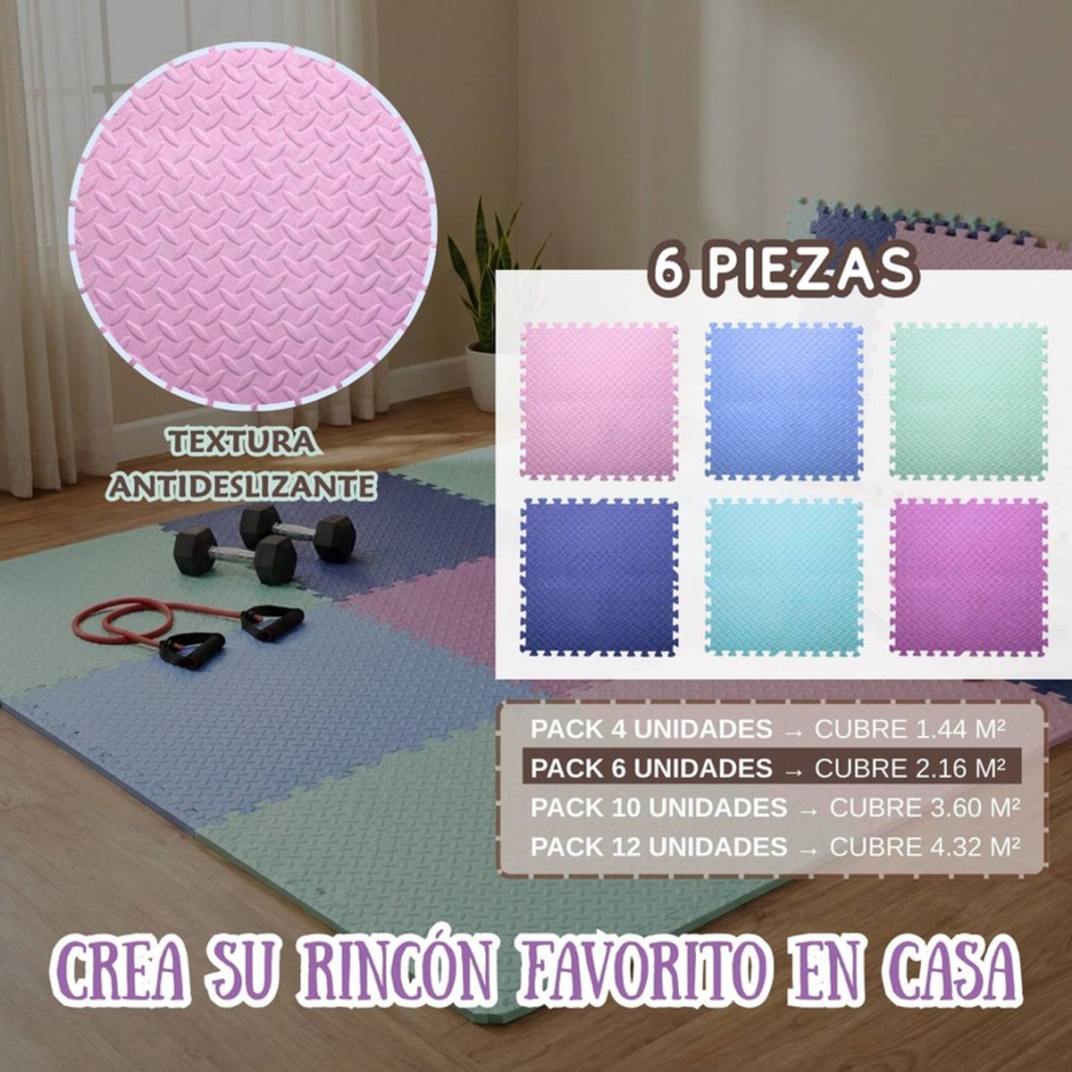 PENTHA - Piso EVA Puzzle 60x60 1.3cm Pack 6 Colores Pastel Suave