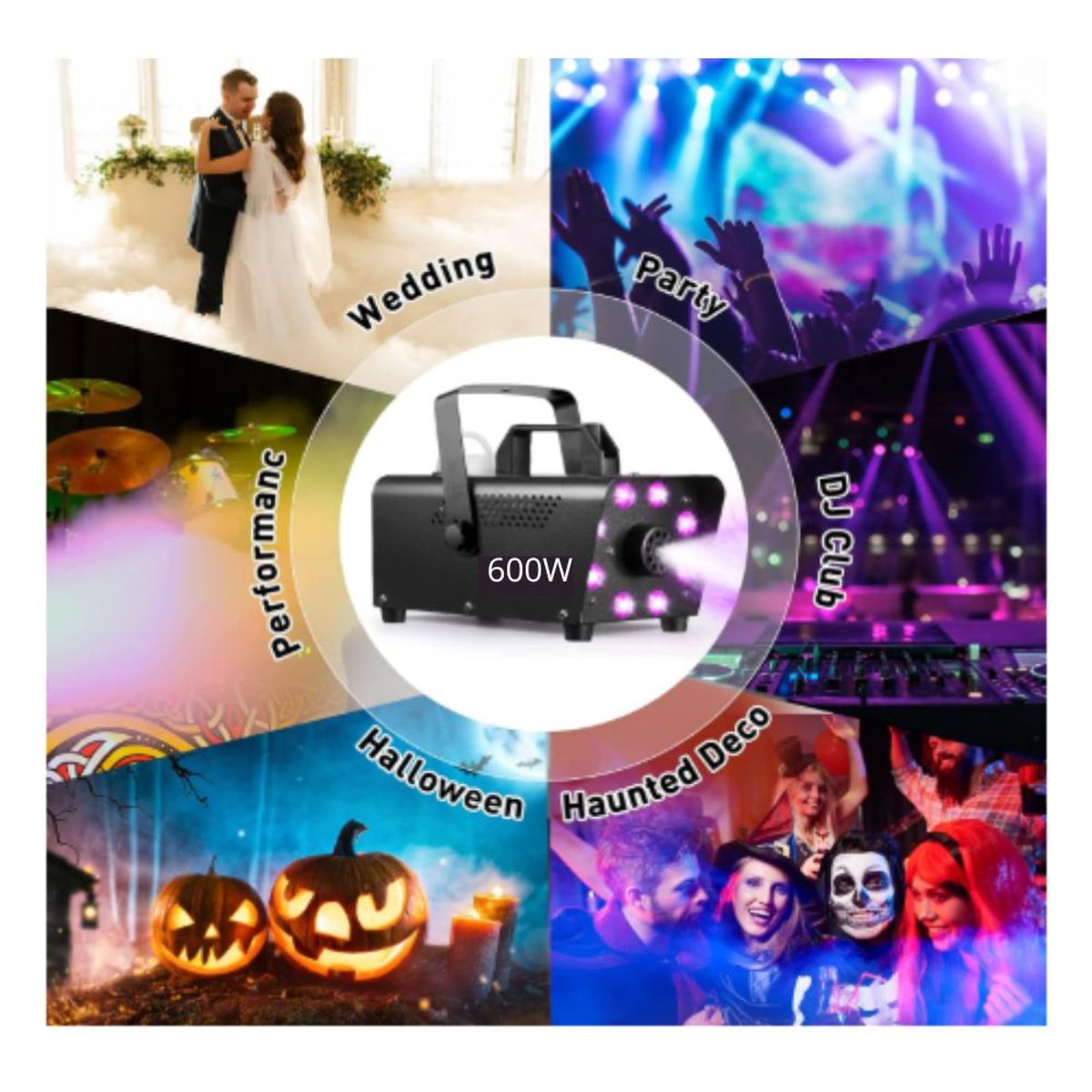 GENERICO - Maquina de humo 600 watts con 8 luces LED Control remoto