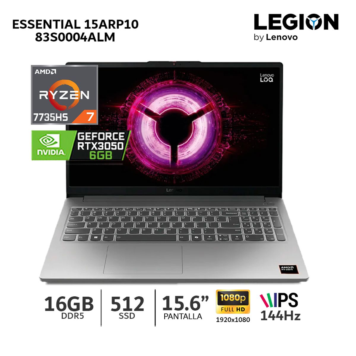 LENOVO - Laptop Lenovo Loq 15ARP10E Ryzen7-7735HS Ram 16Gb DDR5 512Gb SSD Rtx4050 6Gb 15.6 FHD IPS-83S0004ALM