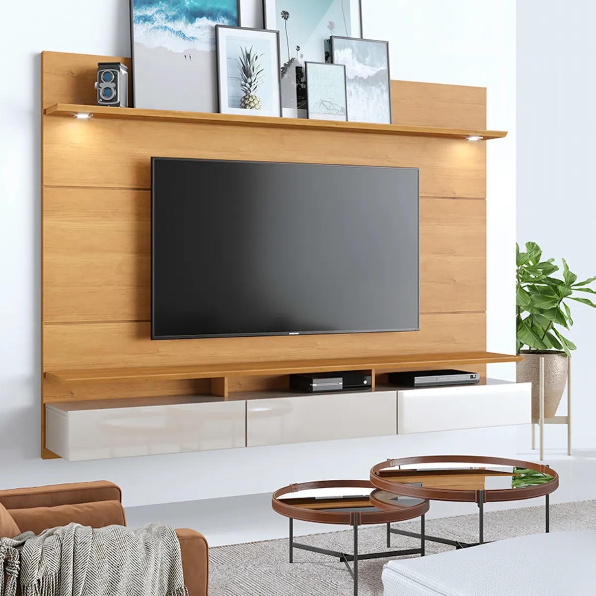 PAZART MUEBLES - CENTRO DE ENTRETENIMIENTO PANEL DECORE LED DELUXE 2.2 NATURE & OFF WHITE