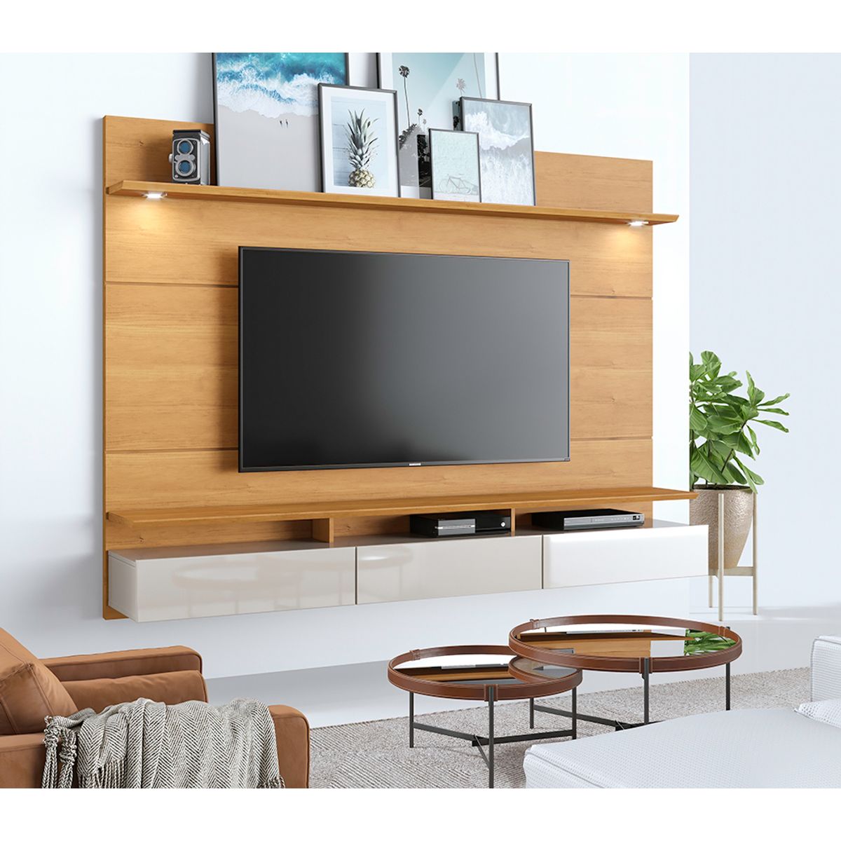 PAZART MUEBLES - CENTRO DE ENTRETENIMIENTO PANEL DECORE LED DELUXE 2.2 NATURE & OFF WHITE