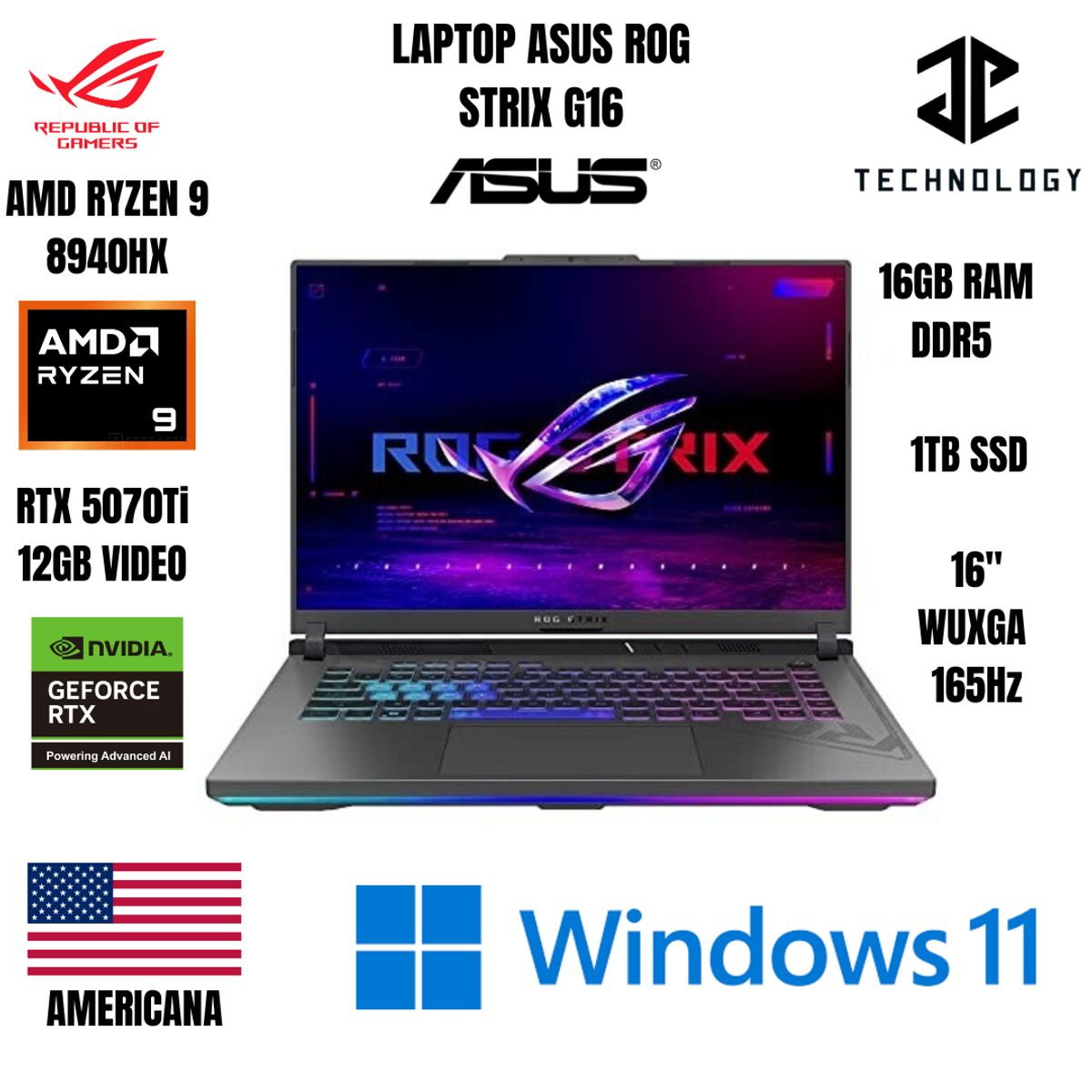 ASUS - LAPTOP ASUS ROG STRIX G16 AMD RYZEN 9 8940HX / RTX 5070Ti 12GB VIDEO / 16GB RAM DDR5 / 1TB SSD.