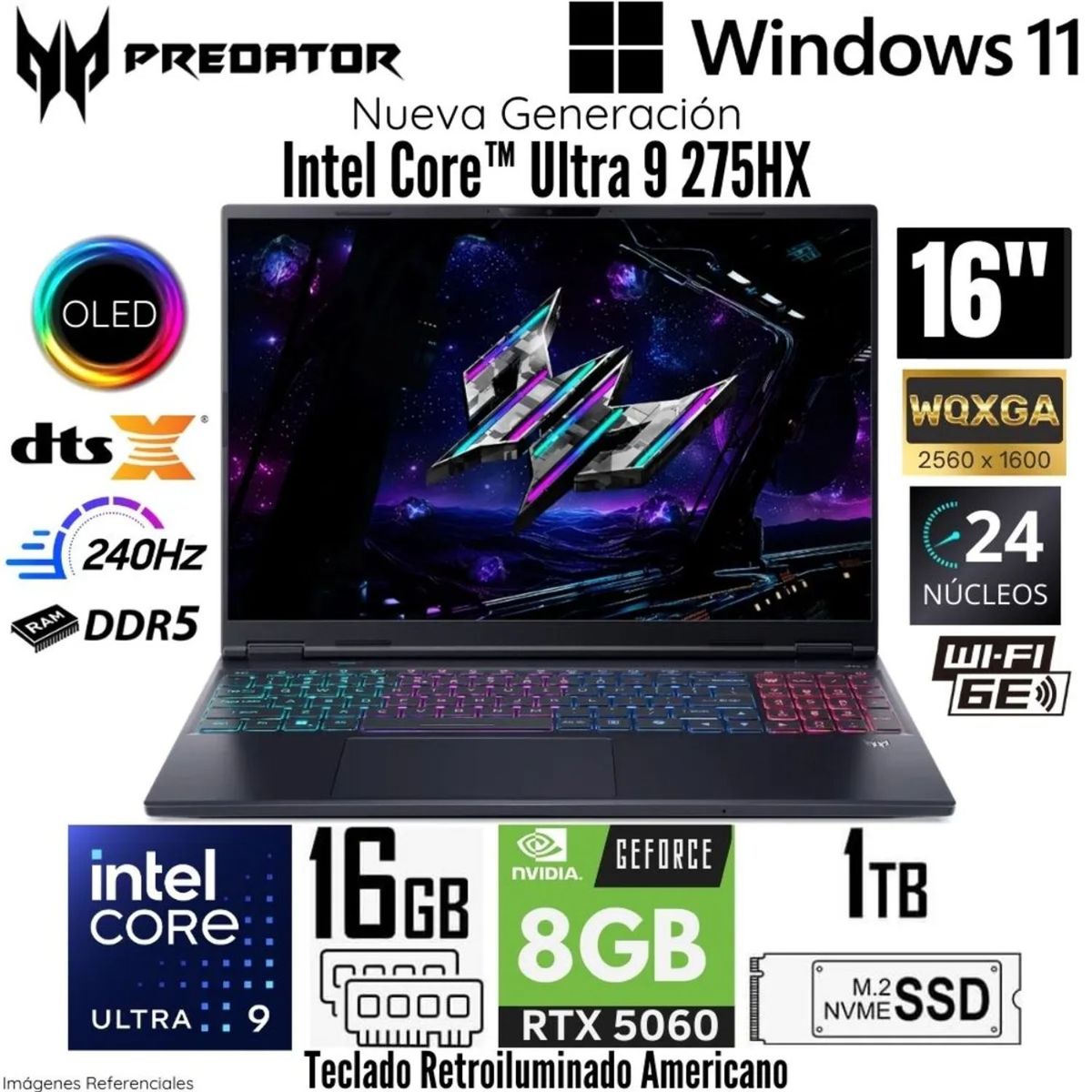 ACER - Laptop Acer Predator Helios NEO 16S AI Intel Core Ultra 9- 275HX 16GB RAM 1TB SSD 16 OLED RTX5060-8GB WIN11