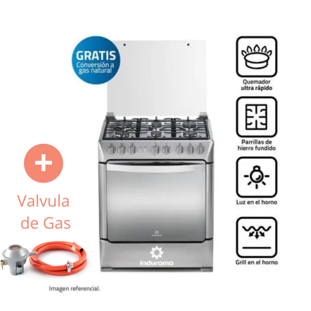 INDURAMA - Cocina Indurama Galicia Zafiro Croma 6 Quemadores Croma + Válvula De Gas
