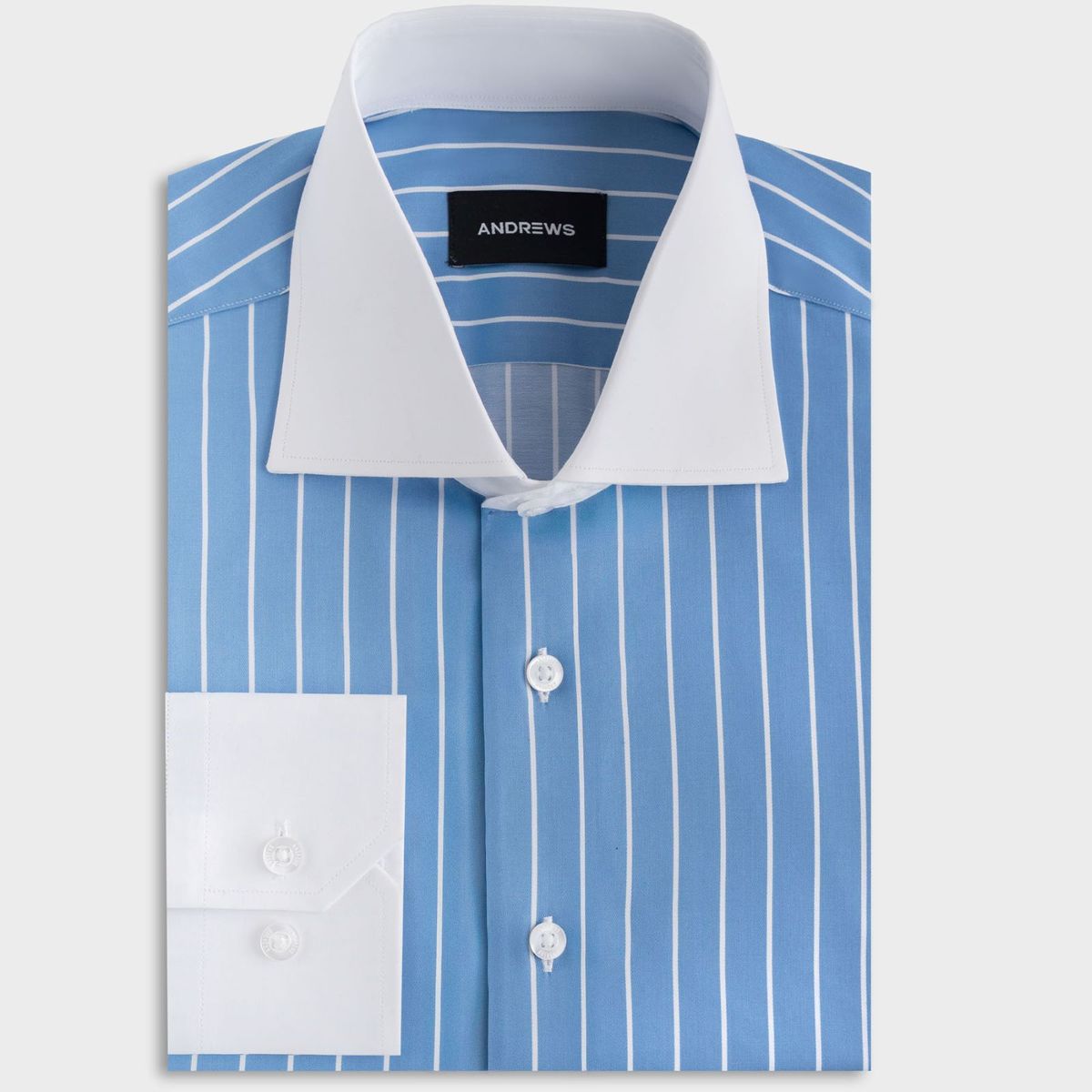 ANDREW'S TIES - Camisa Vestir - Celeste con rayas Blancas - Cuello y puño simple Blanco