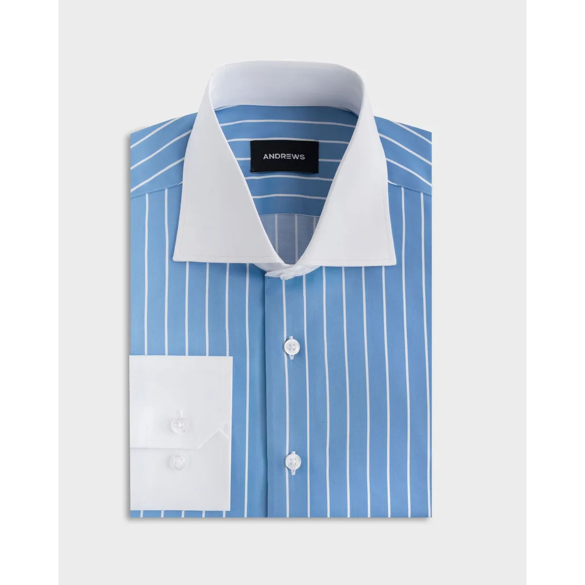 ANDREW'S TIES - Camisa Vestir - Celeste con rayas Blancas - Cuello y puño simple Blanco