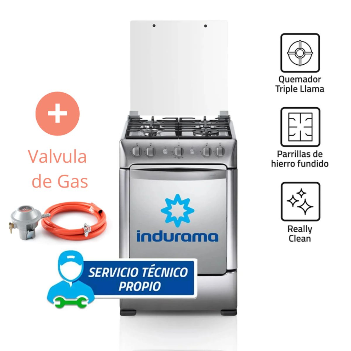 INDURAMA - Cocina Indurama a Gas 4 Hornillas Granada Zafiro Croma + Valvula De Gas