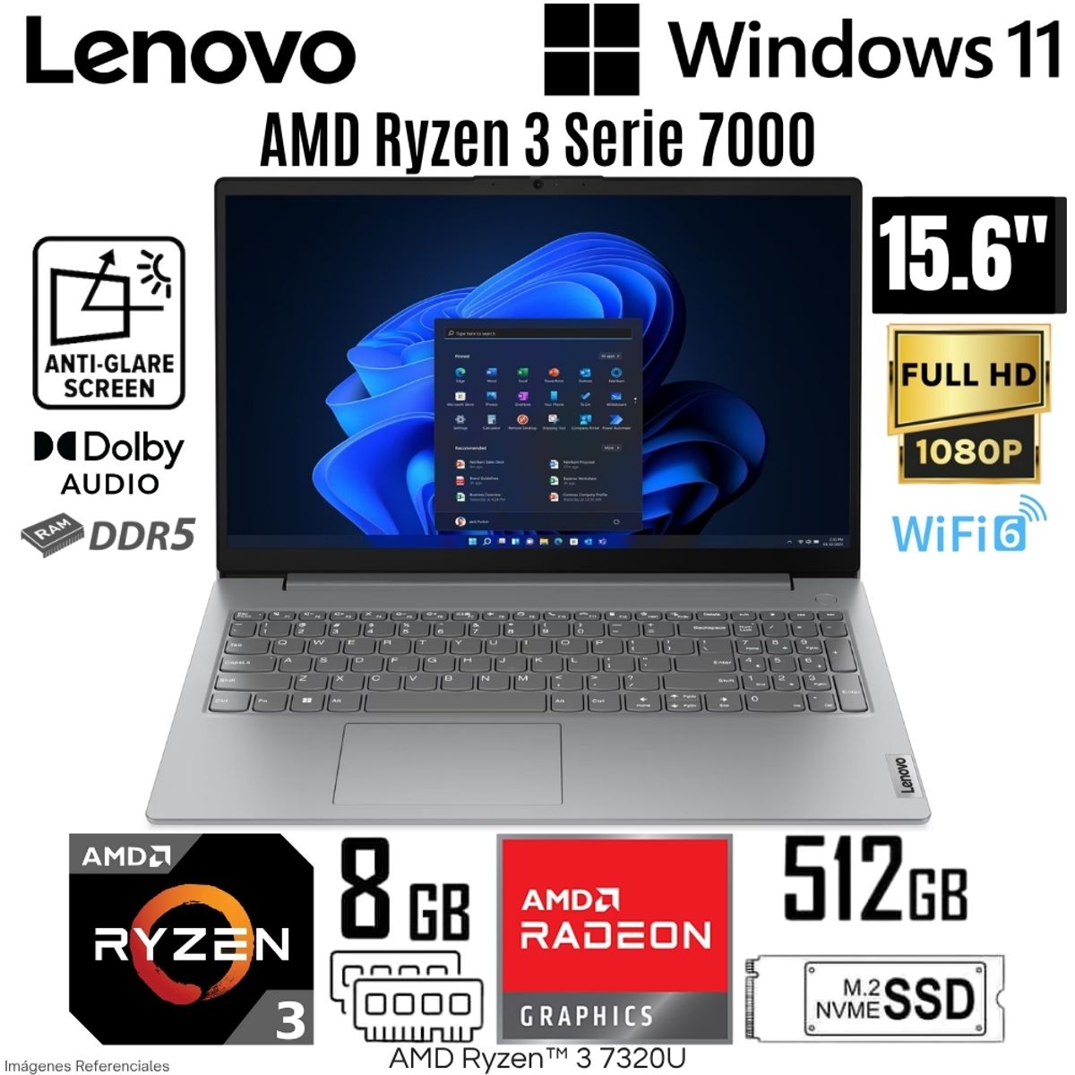 LENOVO - Laptop Lenovo V15 G4 AMN AMD Ryzen 3 7320U 8GB RAM 512GB SSD 15.6"  FHD Arctic Grey - 82YU017LLM