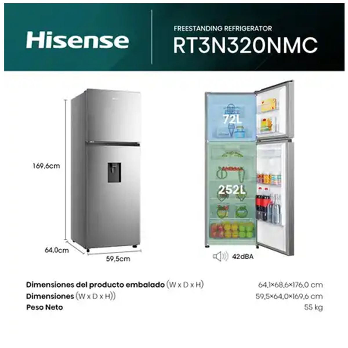 HISENSE - Refrigeradora Hisense 324L Top Freezer No Frost RT3N320NMC