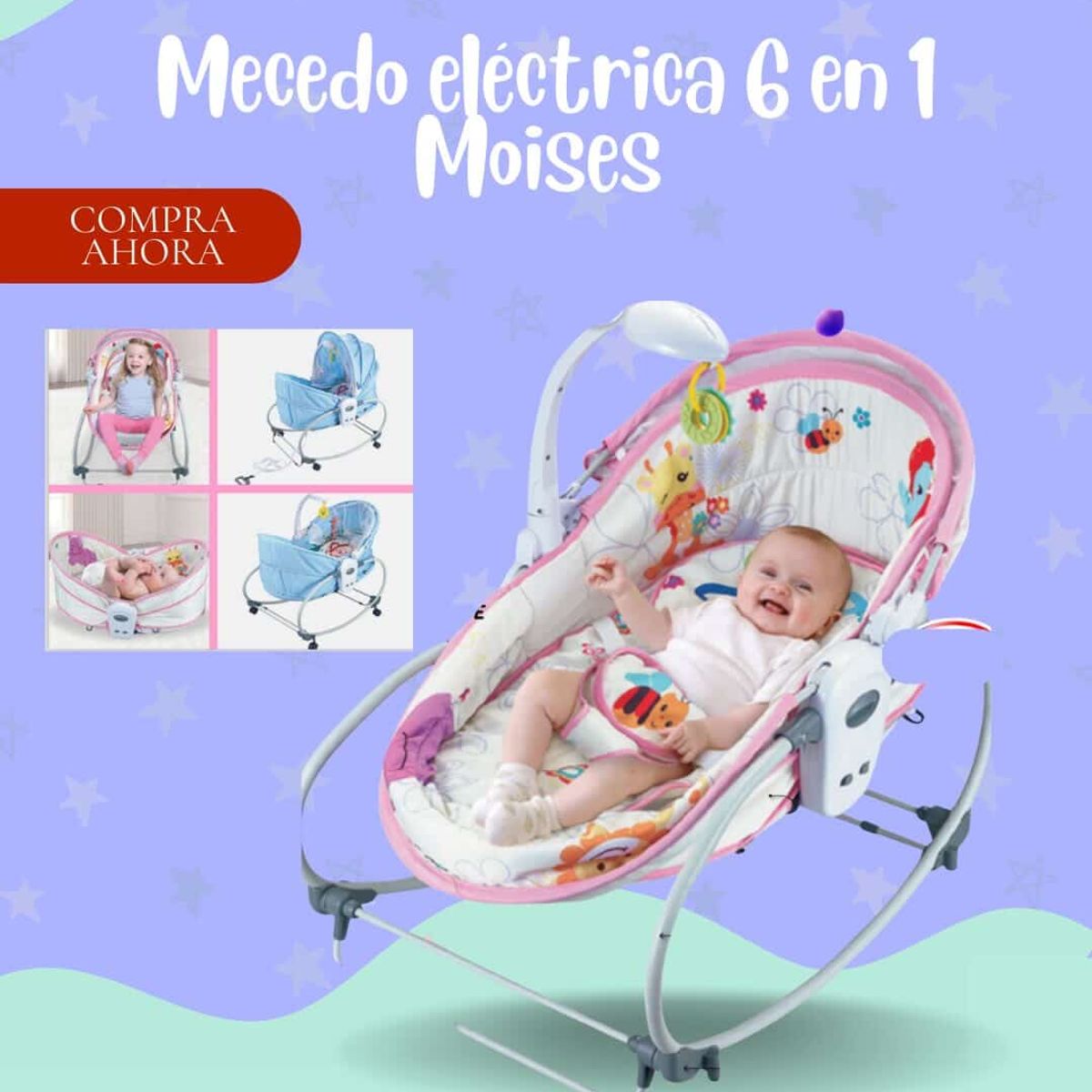 BABY - MECEDORA ELÉCTRICA PARA BEBÉ 6 EN 1 MODELO MOISES - COLOR ROSA BEBÉ PREMIUN