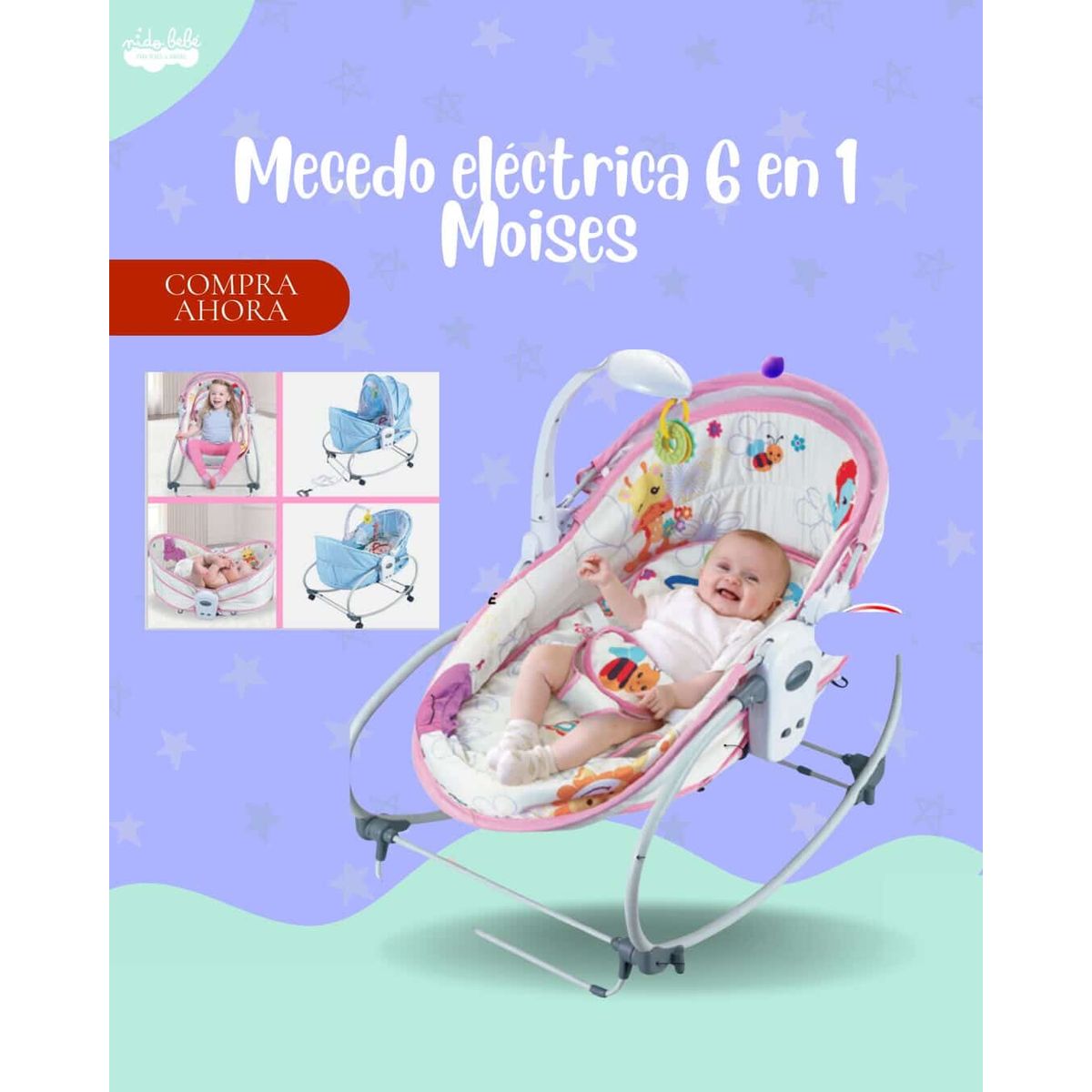 BABY - MECEDORA ELÉCTRICA PARA BEBÉ 6 EN 1 MODELO MOISES - COLOR ROSA BEBÉ PREMIUN