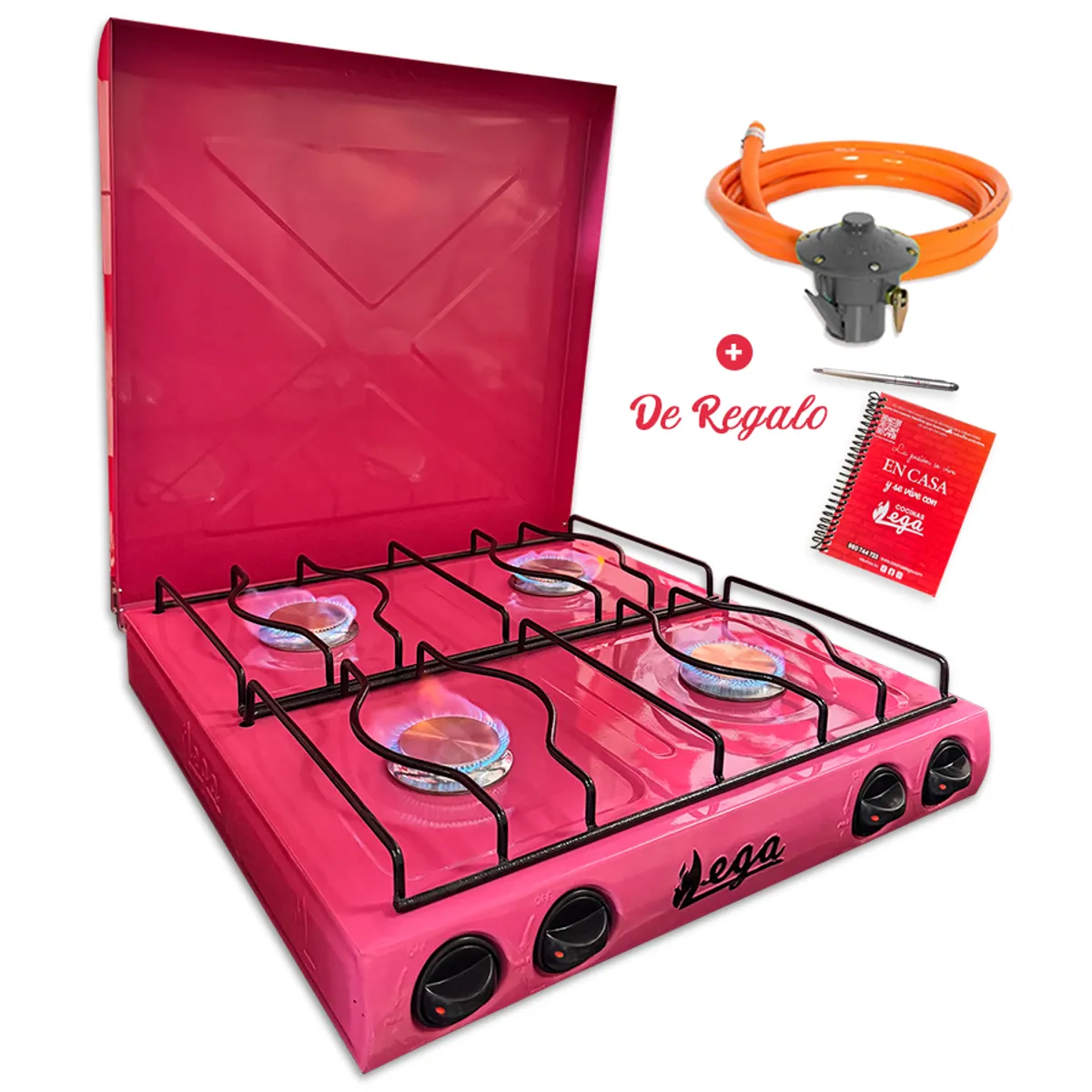 GENERICO - Cocina 4 Hornillas Color Barbie + KIT REGULADOR