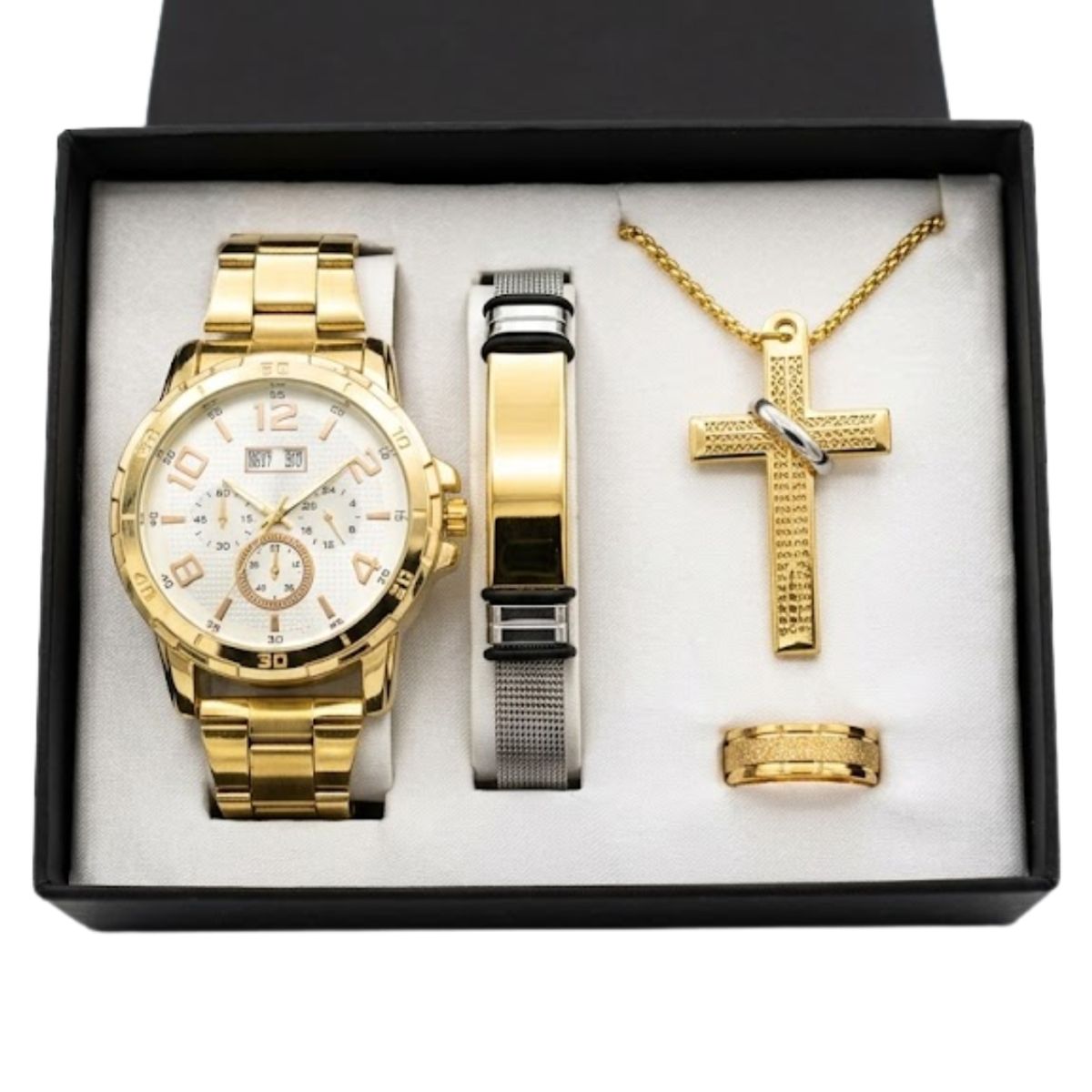 GENERICO - Set de Hombres Reloj Analógico Masculino + Pulsera + Dije Cruz y Anillo Regalo Perfecto