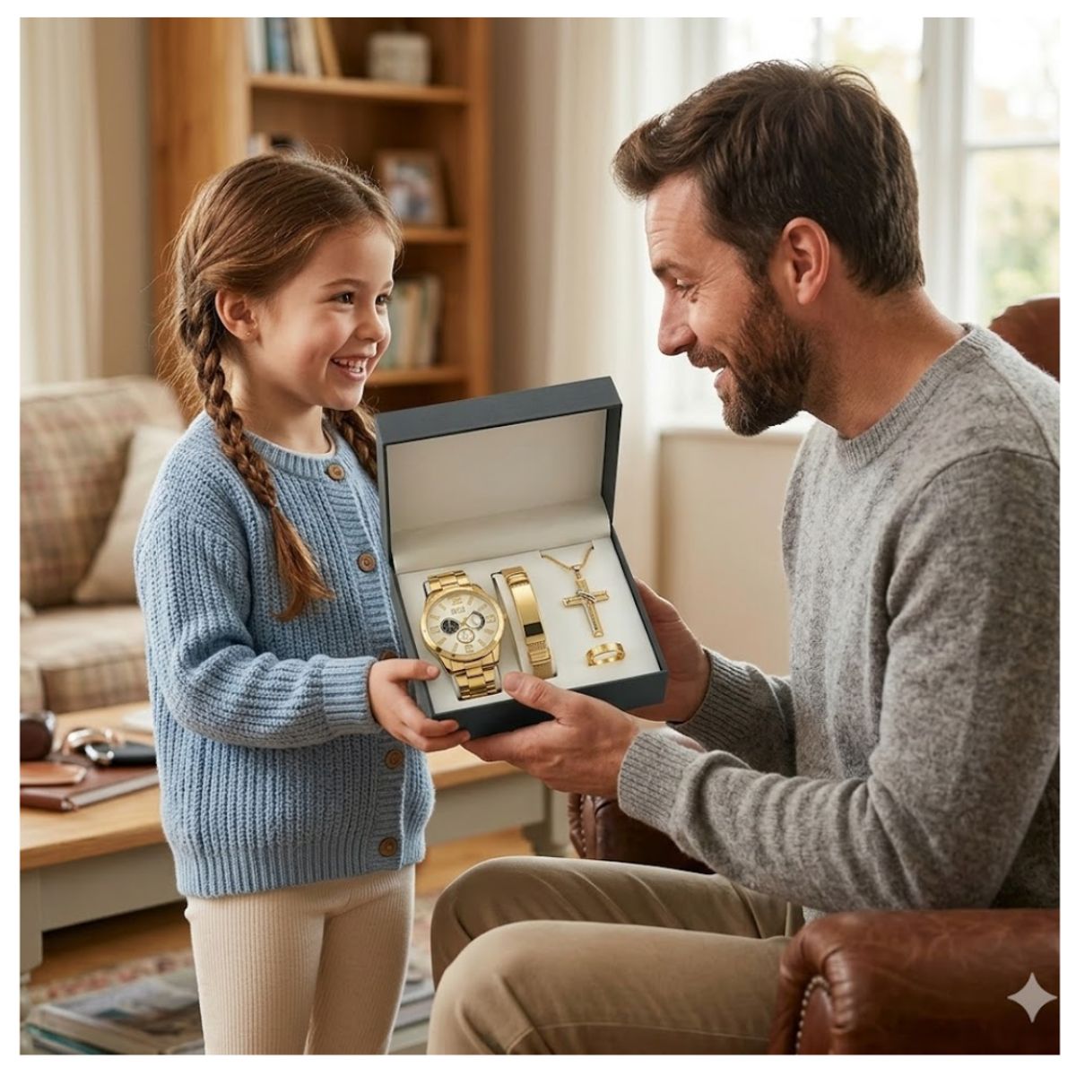 GENERICO - Set de Hombres Reloj Analógico Masculino + Pulsera + Dije Cruz y Anillo Regalo Perfecto