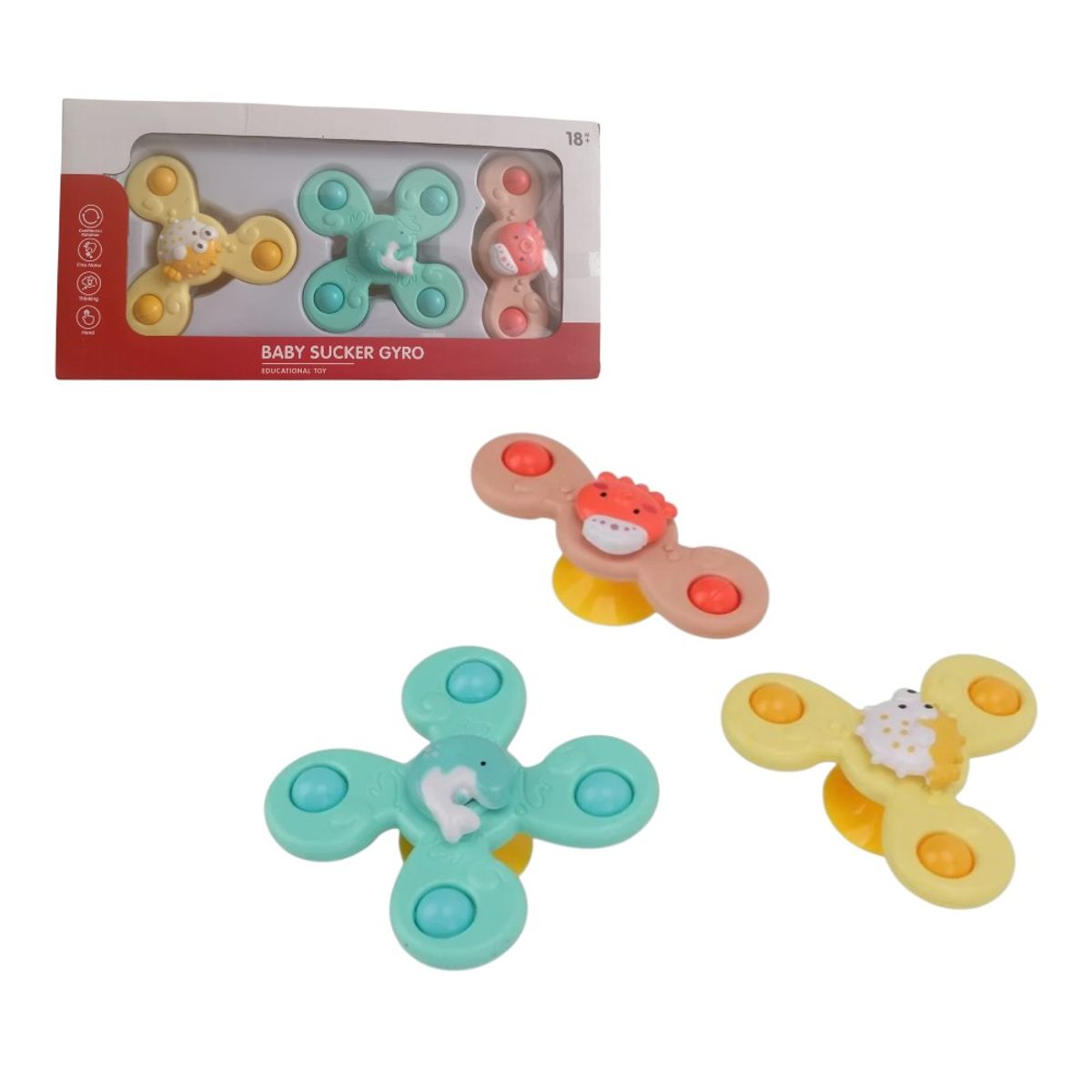 GENERICO - JUGUETE SPINNER SENSORIAL CON VENTOSA PARA BEBÉS - PACK x3