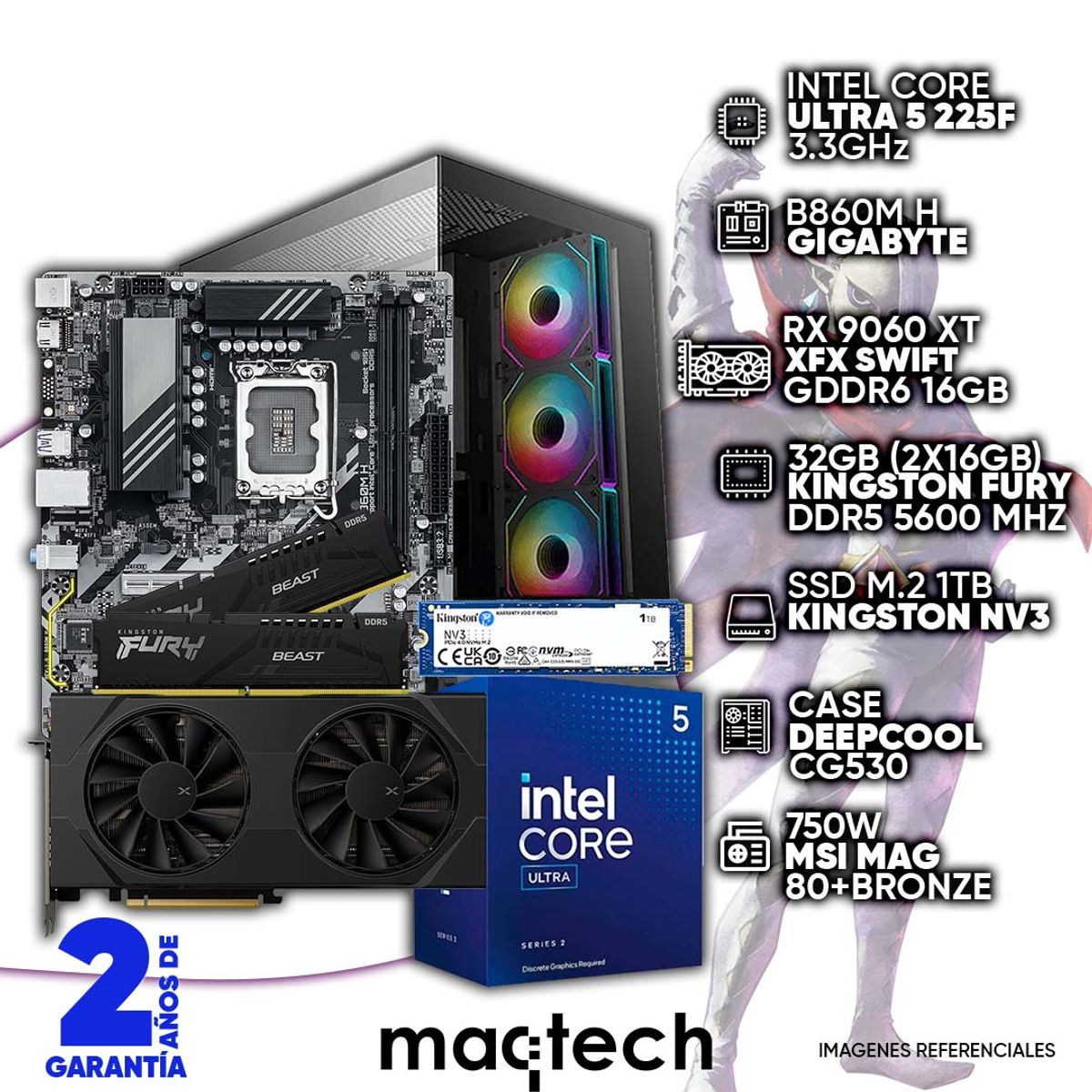 INTEL - PC INTEL CORE ULTRA 5 225F + RX 9060 XT 16GB XFX