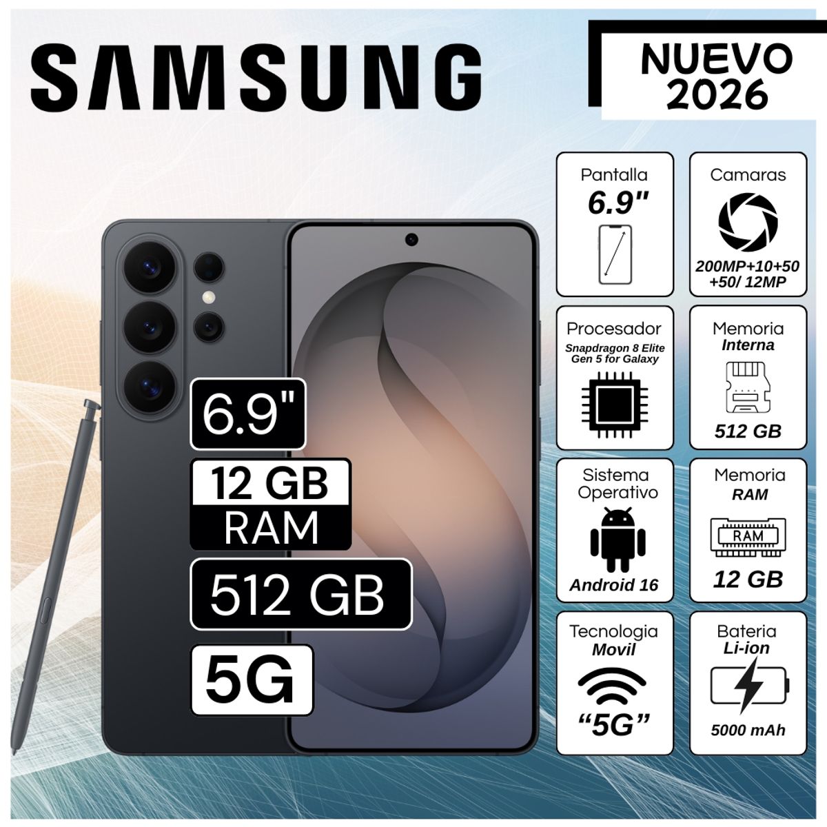 SAMSUNG - Celular Samsung Galaxy S26 Ultra 5G 6.9"  Pulg. 12GB RAM 512GB Android 16 - Negro