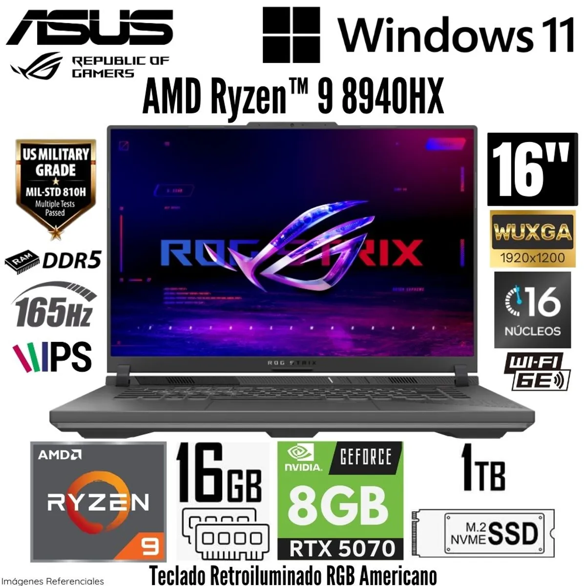ASUS - Laptop Asus ROG STRIX G16 G614PP AMD Ryzen 9 8940HX 16GB RAM 1TB SSD RTX 5070-8GB 16"  WUXGA 165 Hz