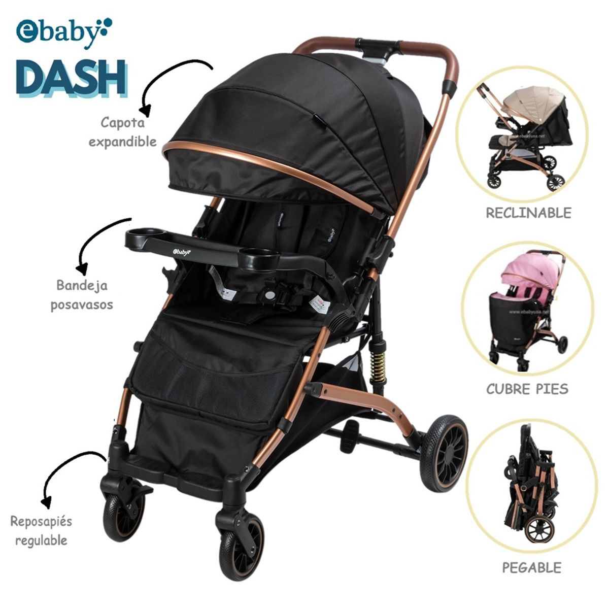 EBABY - Coche de Paseo Dash con Mango Reversible Negro
