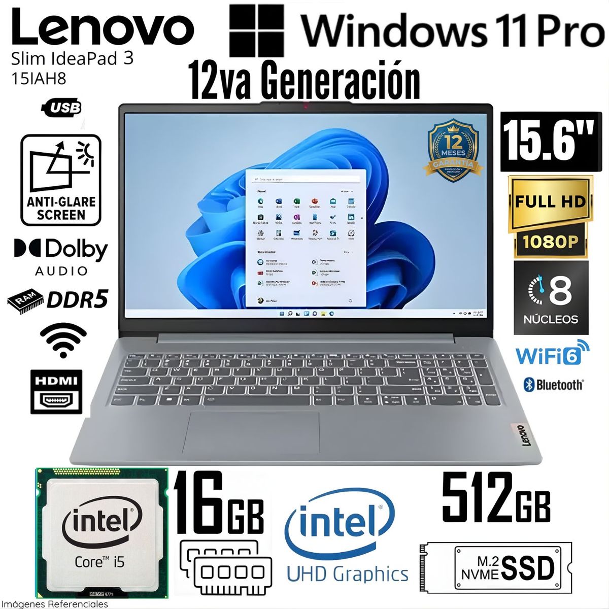 LENOVO - Laptop Lenovo Ideapad Slim 3 15IAH8 83ER00N8LM i5-12450H 16GB RAM 512GB SSD 15.6" FHD Gris W11 Pro