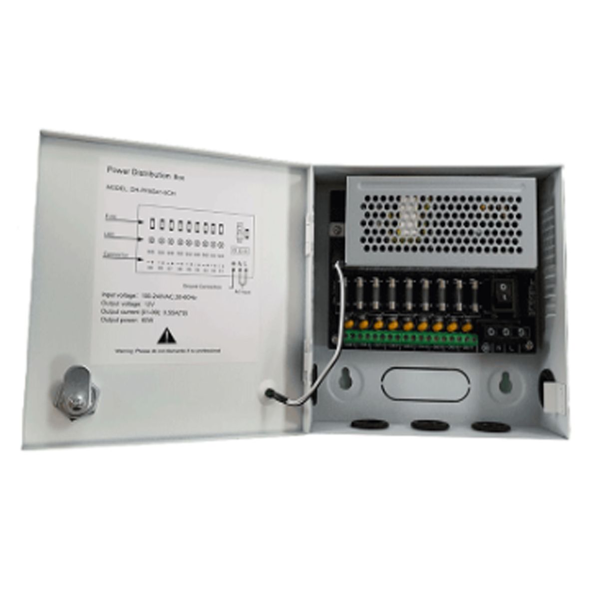 DAHUA - CAJA DE ALIMENTACION CENTRALIZADA DAHUA 9 ENTRADAS - 12VDC 5 AMP- CAJA METLICA CON LLAVE- PROTECCION CONTRA SOBRE CARGA P-N PFM341-9CH