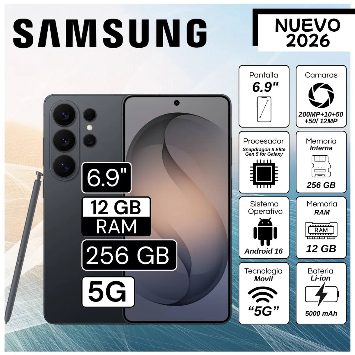 SAMSUNG - Celular Samsung Galaxy S26 Ultra 5G 6.9"  Pulg. 12GB RAM 256GB Android 16 - Negro