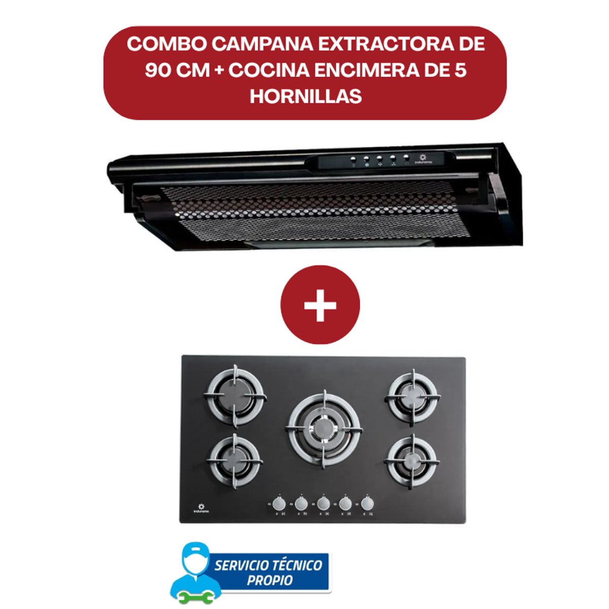 INDURAMA - COMBO Campana Extractora Indurama 90 cm CEI-902NE Negro + Encimera Indurama Egi-905vdneg Negro 5 Quemadores