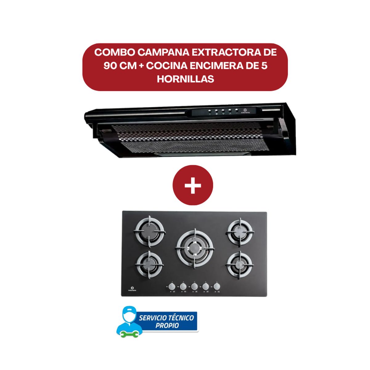 INDURAMA - COMBO Campana Extractora Indurama 90 cm CEI-902NE Negro + Encimera Indurama Egi-905vdneg Negro 5 Quemadores