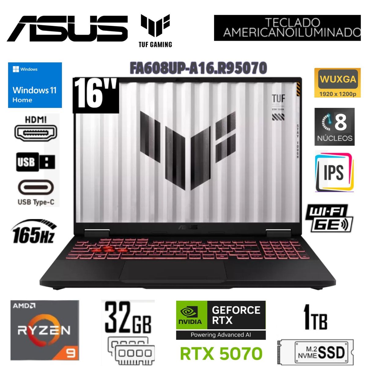 ASUS - Laptop Gamer ASUS TUF Gaming A16  Jaeger Gray, 16", Ryzen 9, 32GB RAM, 1TB SSD, RTX 5070,