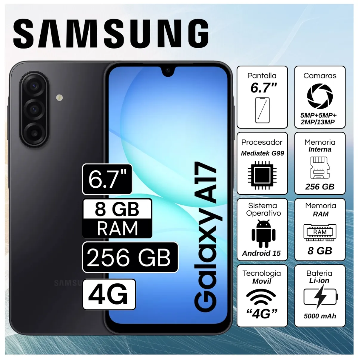 SAMSUNG - Celular Samsung A17 8GB RAM 256GB  6.7"  Pulg. Android 15 - Negro
