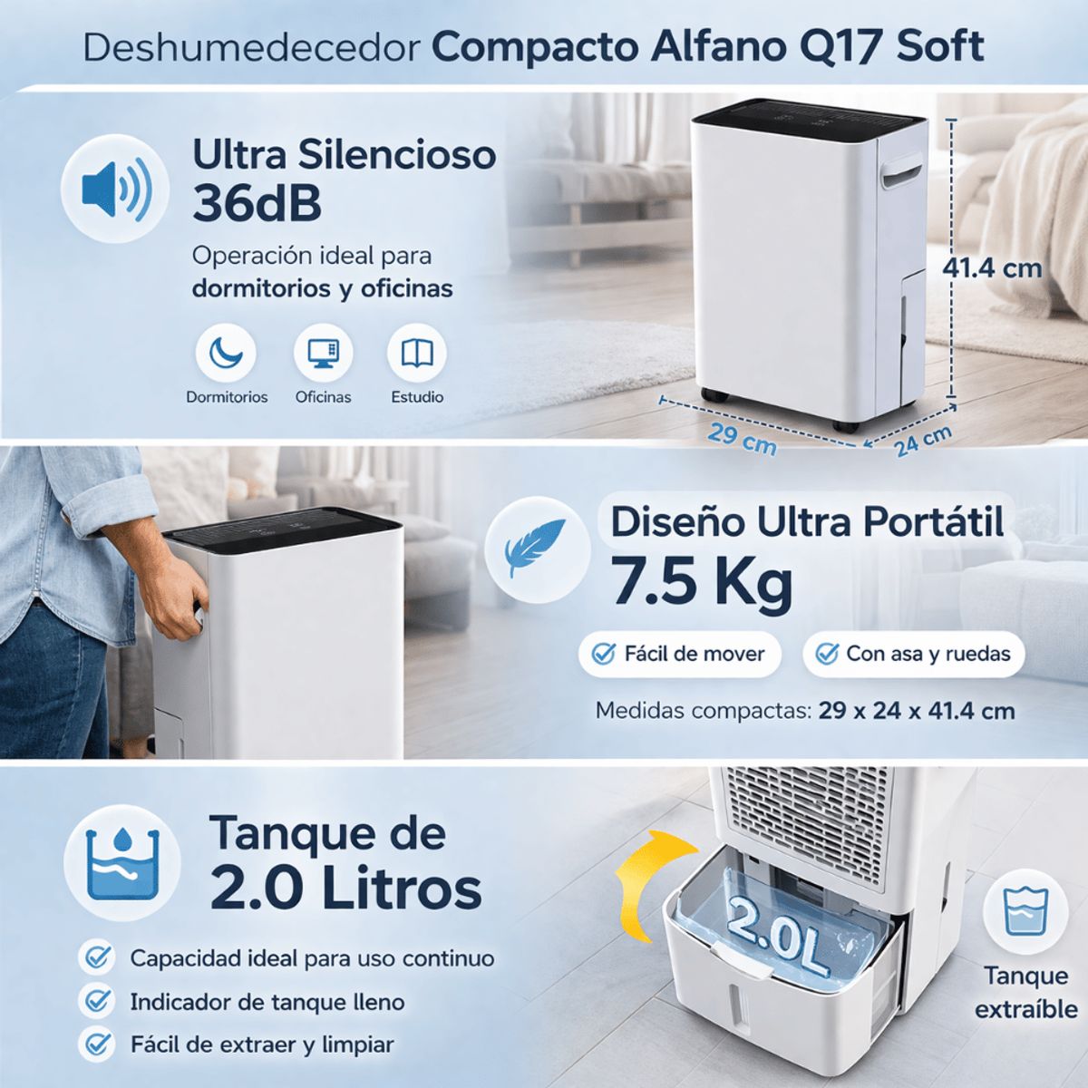 ALFANO - Deshumedecedor ALFANO Cobertura 20 m² 17 Litros x día 190W Deshumidificador Q17