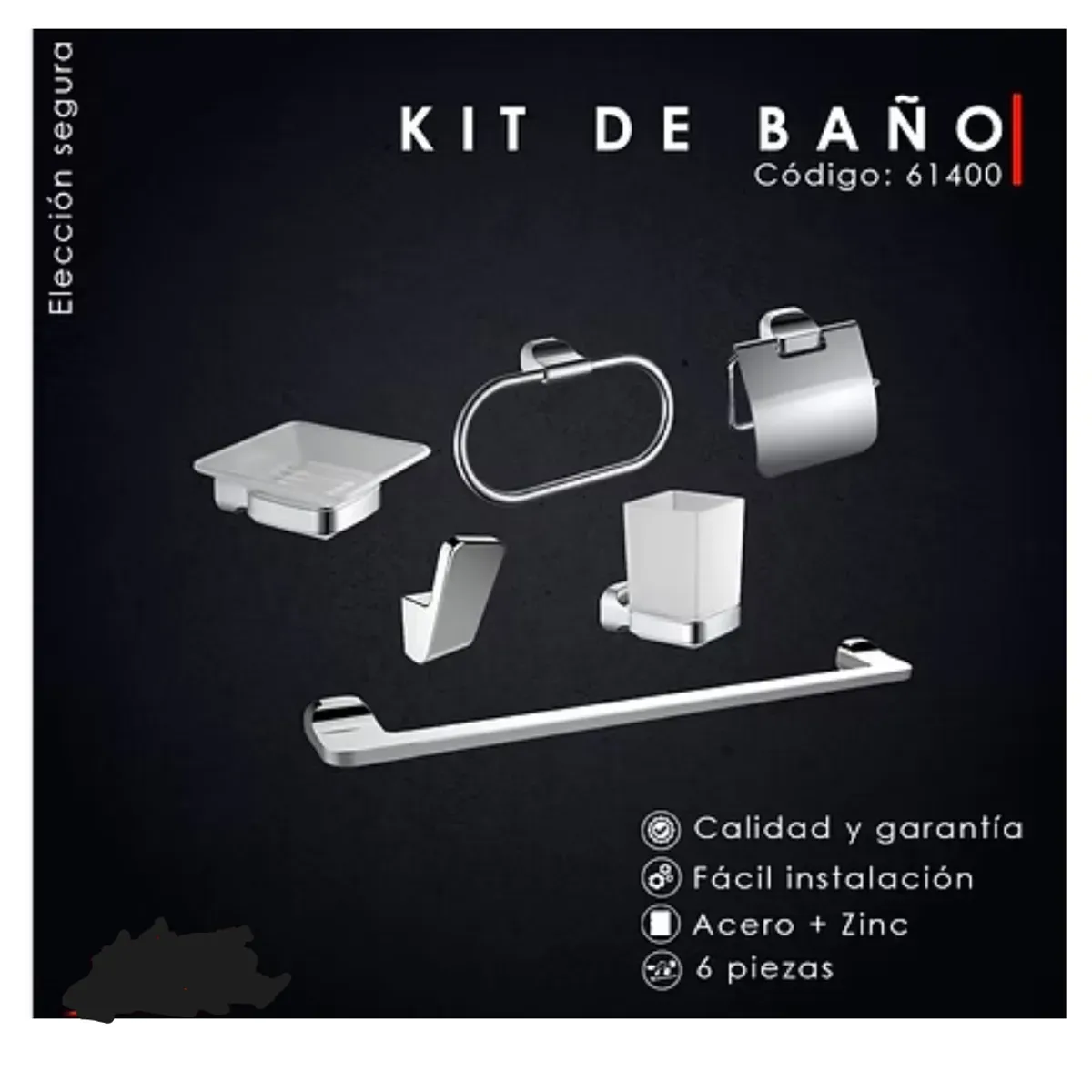 KIT DE BAÑO 6 PIEZAS, ACERO304, CROMADO CUADRADO MOD 61400, marca XM - Foto Principal