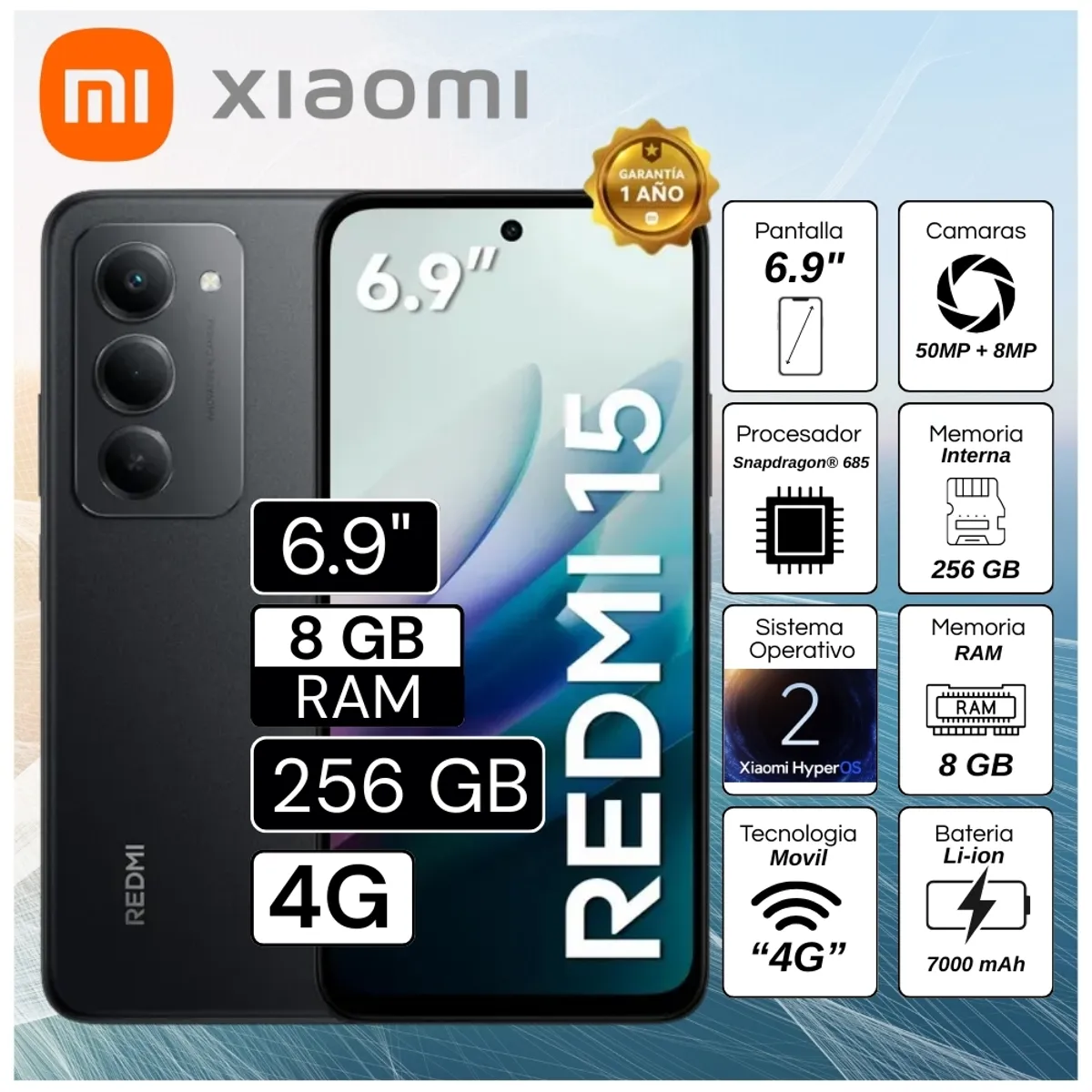 XIAOMI - Celular Xiaomi Redmi 15 6.9"  Pulg. 8GB RAM 256GB Xiaomi HyperOS 2 - Negro Ocaso