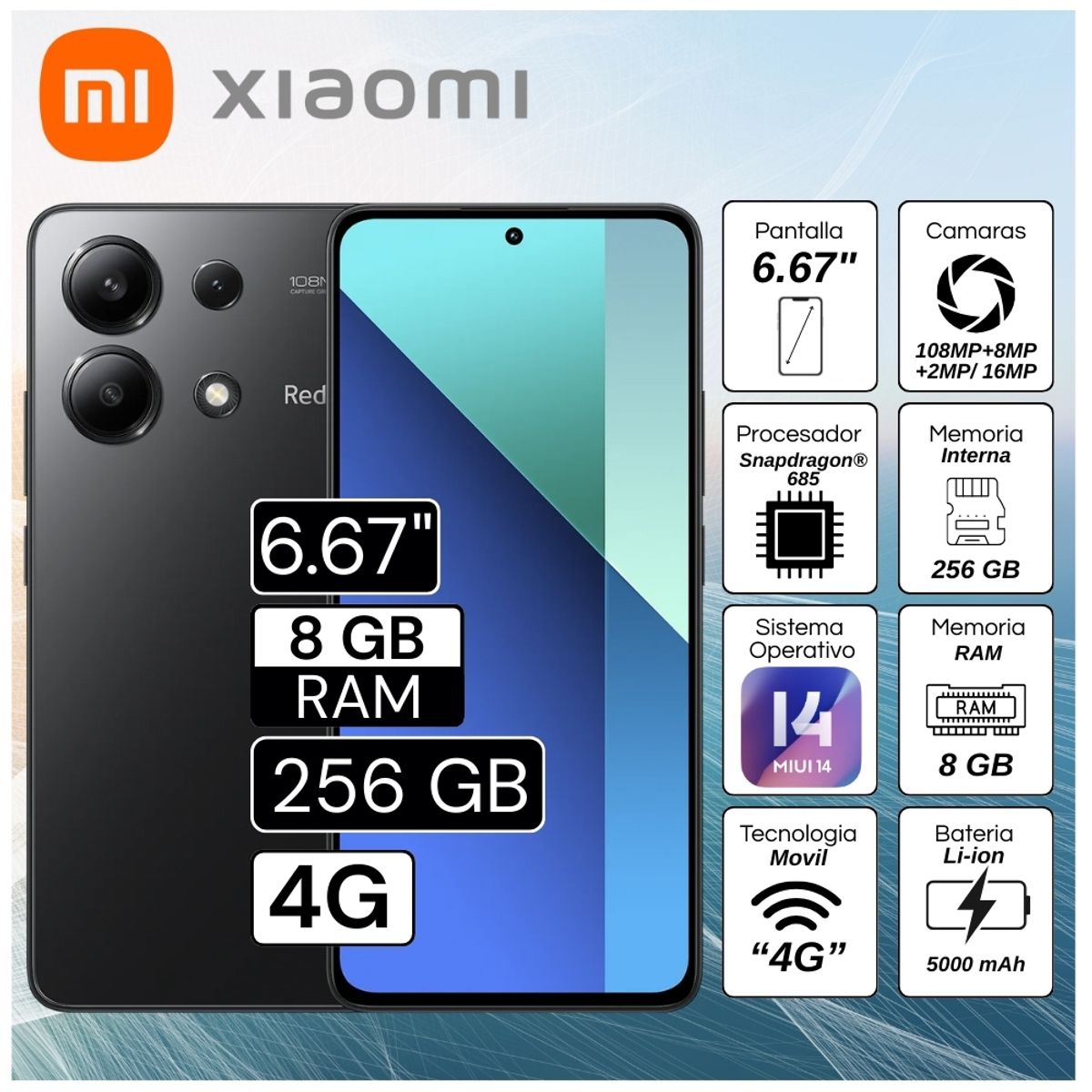 XIAOMI - Celular Xiaomi Redmi Note 13 8GB RAM 256GB 6.67"  Pulg. MIUI 14 - Midnight Black