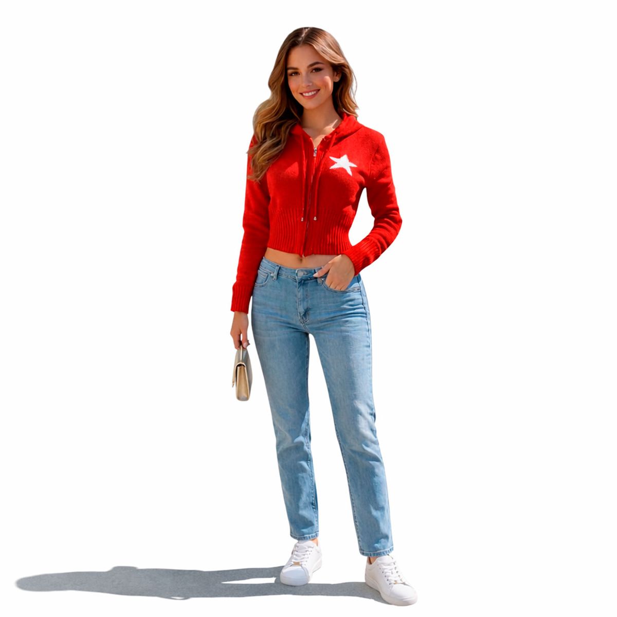 GENERICO - Chompa Mujer Capucha Hilo Cierre Estrella 463A-25 Color Rojo