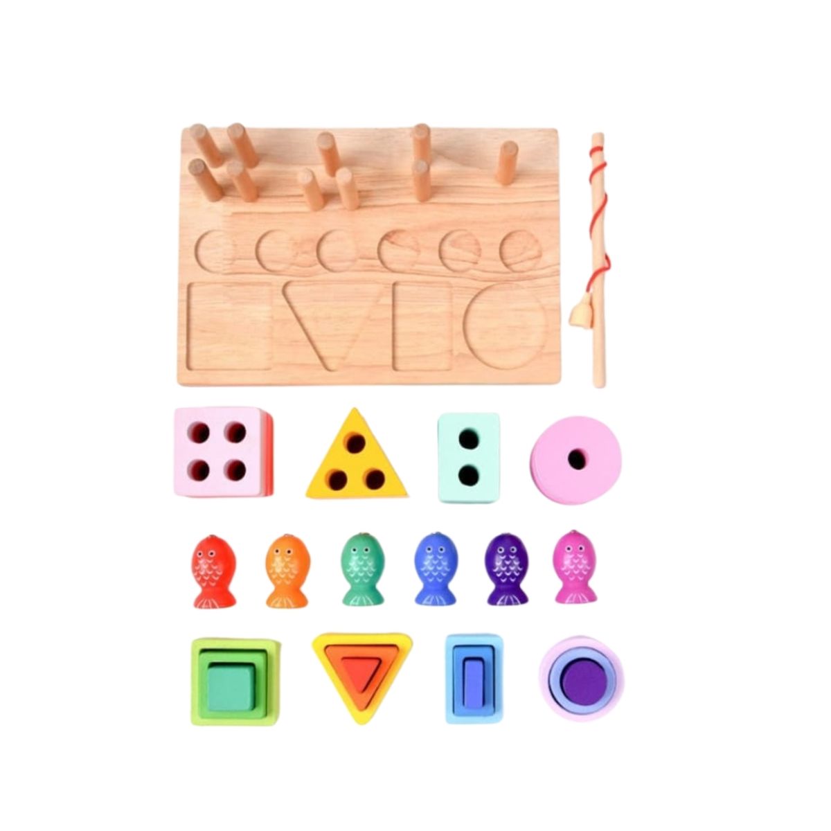 GENERICO - Juego Didáctico Montessori Encajable y Pesca De Madera  Multicolor