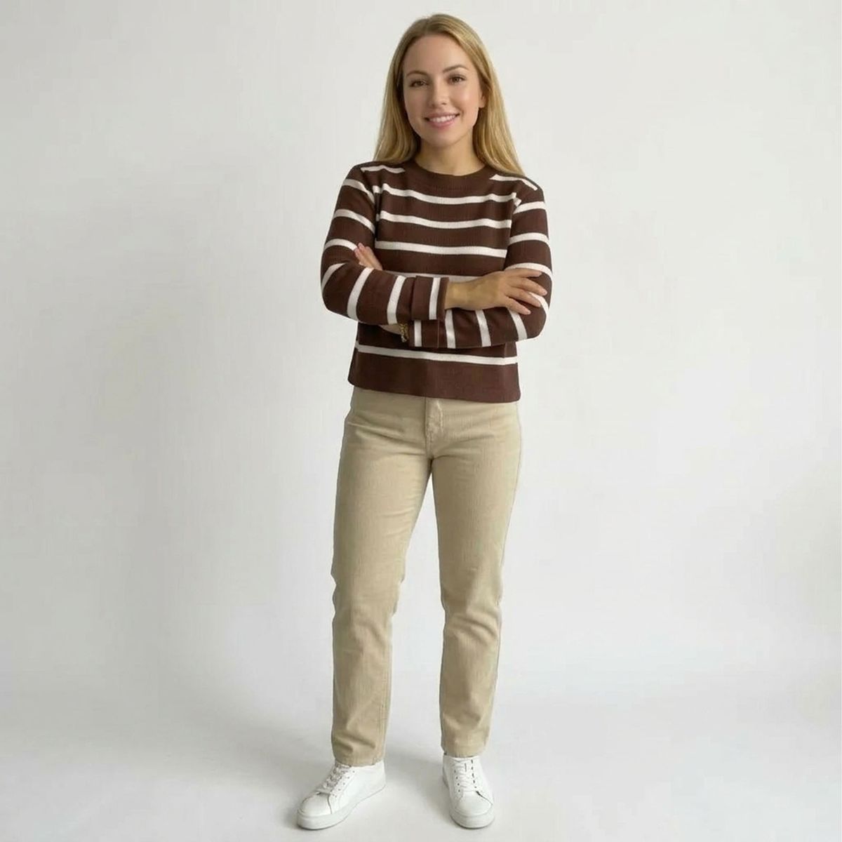 GENERICO - Chompa Mujer Hilo De Algodon Rayas Blancas Manga Larga 359-20 Color Chocolate