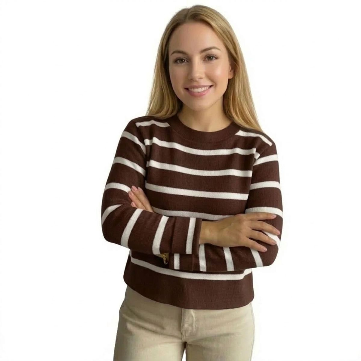 GENERICO - Chompa Mujer Hilo De Algodon Rayas Blancas Manga Larga 359-20 Color Chocolate