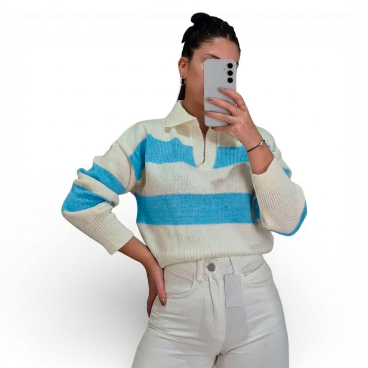 GENERICO - Sueter Mujer Hilo Camisero Santa Fe Rayas Mlarga 359-23 Color Celeste