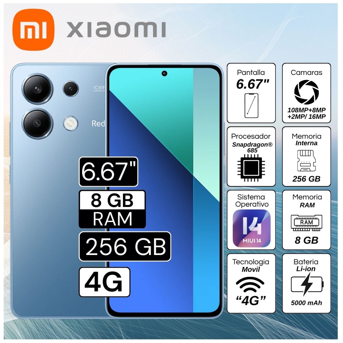 XIAOMI - Celular Xiaomi Redmi Note 13 8GB RAM 256GB 6.67"  Pulg. MIUI 14 - Ice Blue
