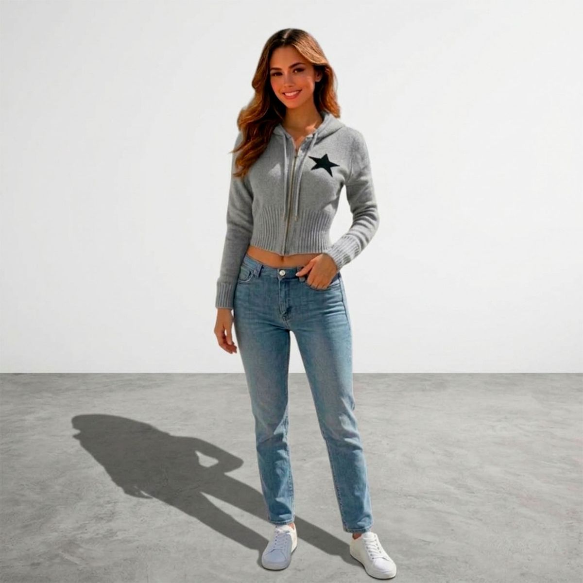 GENERICO - Chompa Mujer Capucha Hilo Cierre Estrella 463A-25 Color Gris Claro