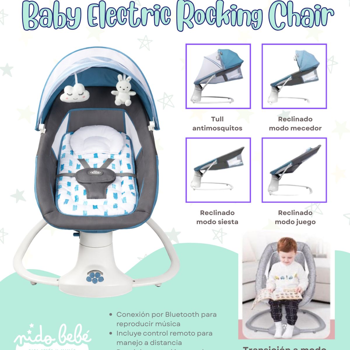 BABY - Mecedora Eléctrica para Bebé 3 en 1 CM-4031 con Bluetooth, Control Remoto y Modo Reclinable DELUXE