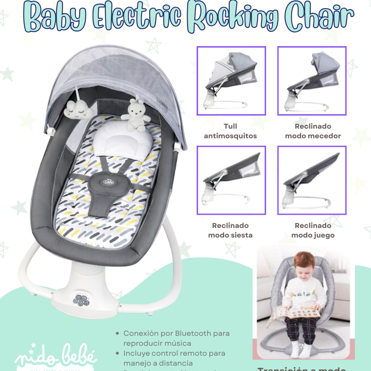 Baby - Mecedora Eléctrica para Bebé 3 en 1 CM-4031 con Bluetooth, Control Remoto y Modo Reclinable DELUXE