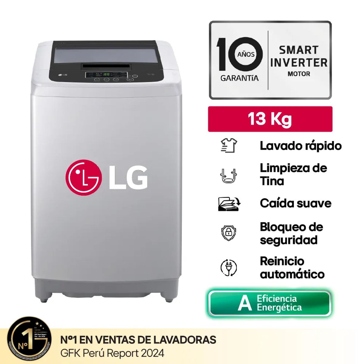 LG - Lavadora LG de 13 kg carga superior Smart Inverter con TurboDrum™, gris