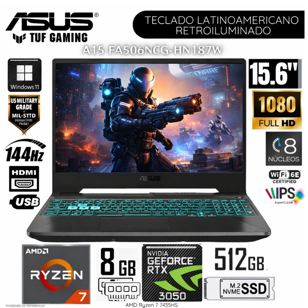 ASUS - Laptop Gamer Asus TUF Gaming A15 AMD RYZEN 7 7445HS 8GB 512SSD NVIDIA RTX3050 FA506NCG-HN187W