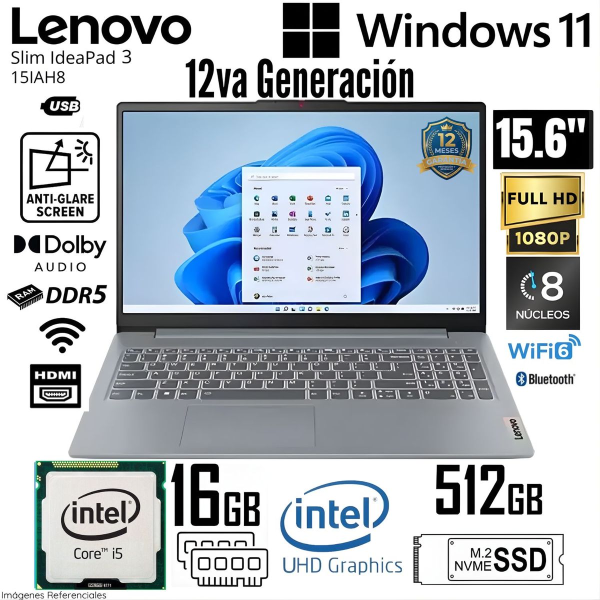 LENOVO - Laptop Lenovo Ideapad Slim 3 15IAH8 83ER00N8LM i5-12450H 16GB RAM 512GB SSD 15.6" FHD Gris W11 Pro